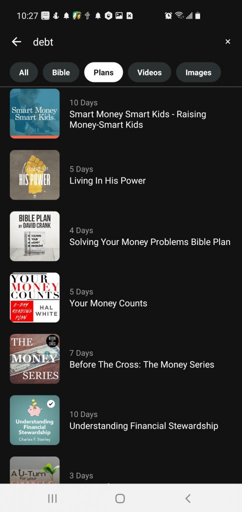 Youversion 'DEBT' word search result screenshot