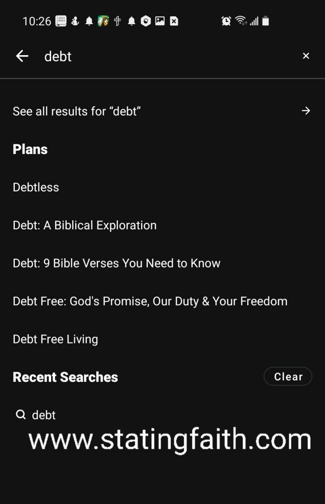 Youversion 'DEBT' word search result